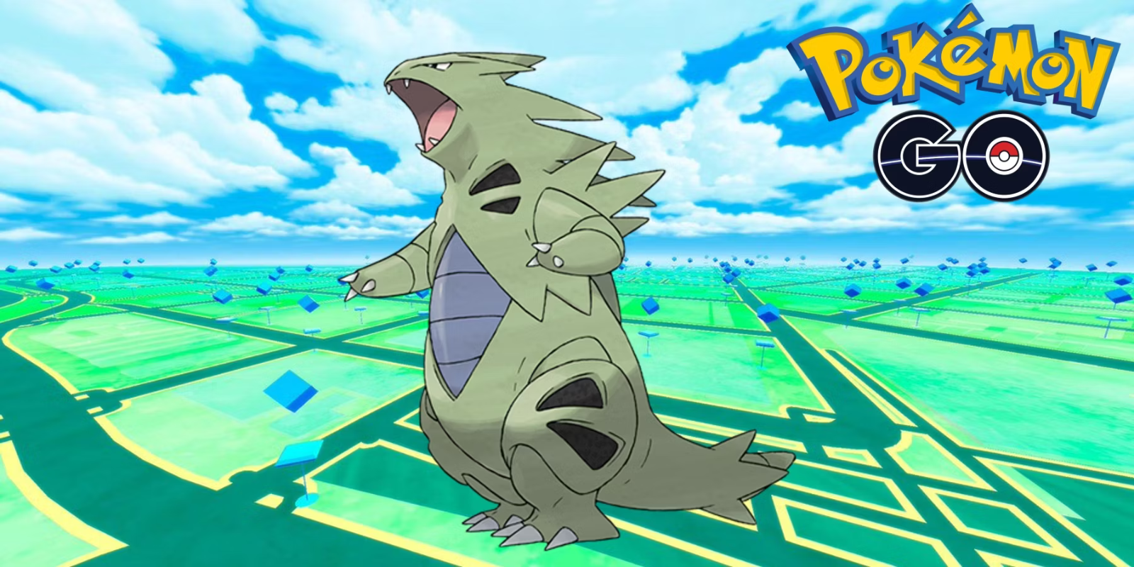 O contador do tipo Fantasma Tyranitar ruge ao lado do logotipo do Pokémon GO