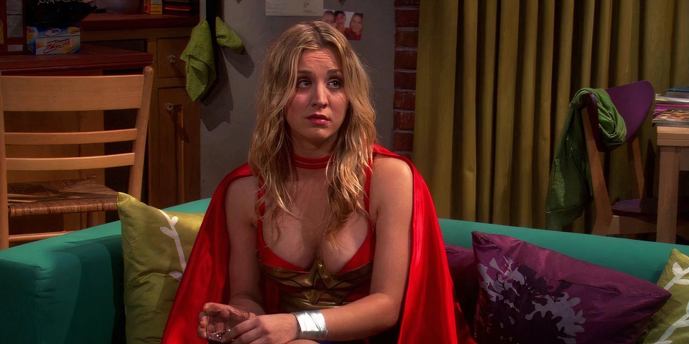 Penny looking unimpressed while dressed as Wonder Woman in The Big Bang Theory