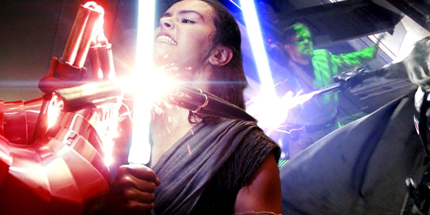 Rey fighting a Praetorian Guard in Star Wars: The Last Jedi and Obi-Wan Kenobi fighting a MagnaGuard in Star Wars: Episode III - Revenge of the Sith.