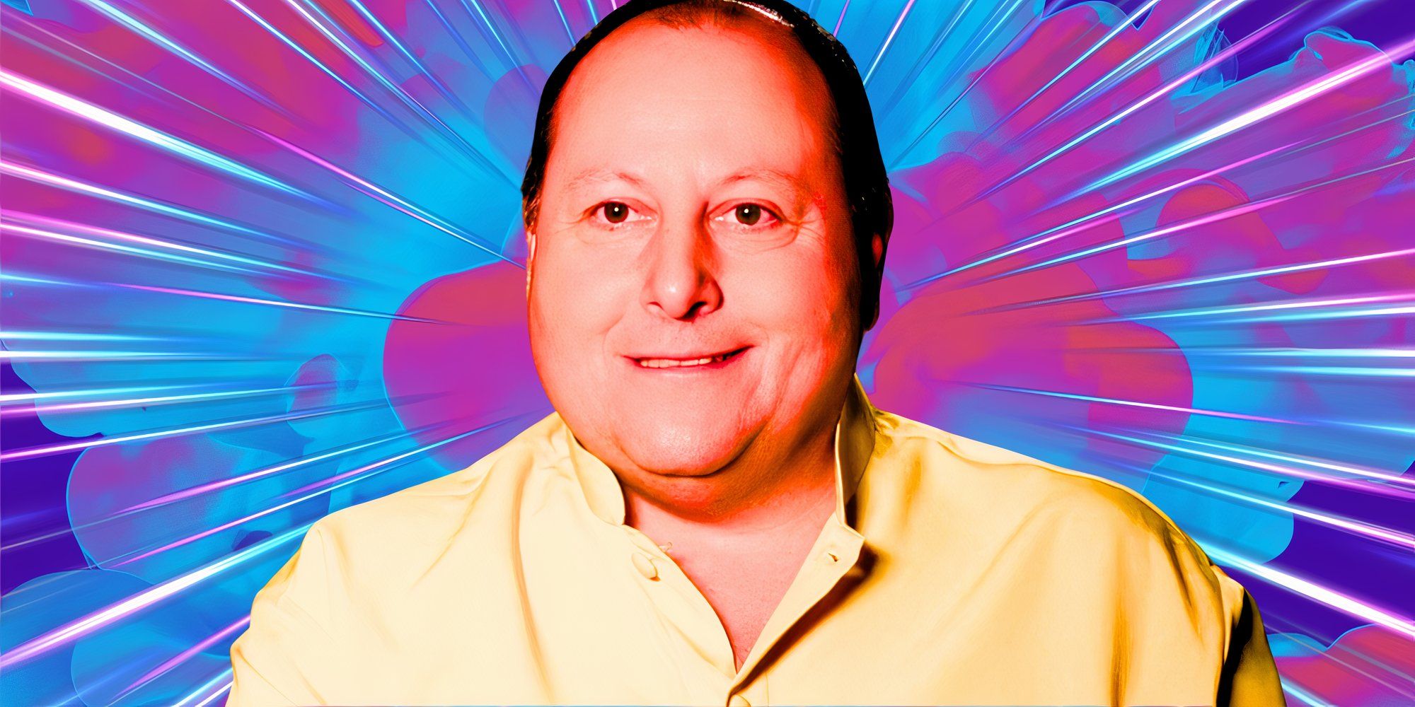 90 Day Fiancé David Toborowsky smiling in yellow shirt with lava lamp background in pink and blue