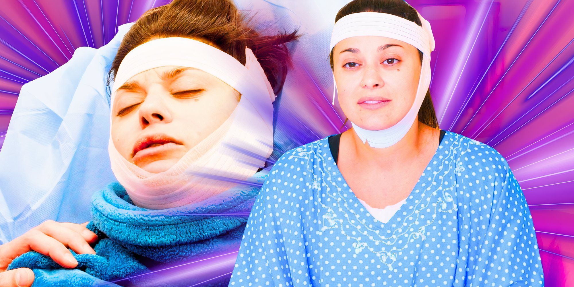 90 Day Fiancé Loren post-surgery with hospital gown montage purple background