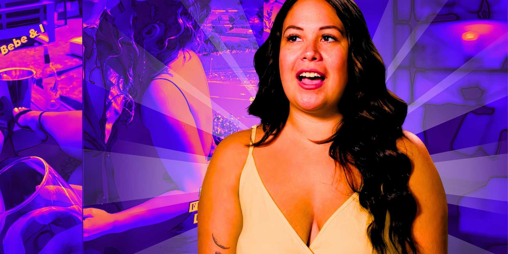 90 Day Fiancé's Liz Woods looks happy in a yellow strappy dress with pictures of her with boyfriend Jayson in the background.