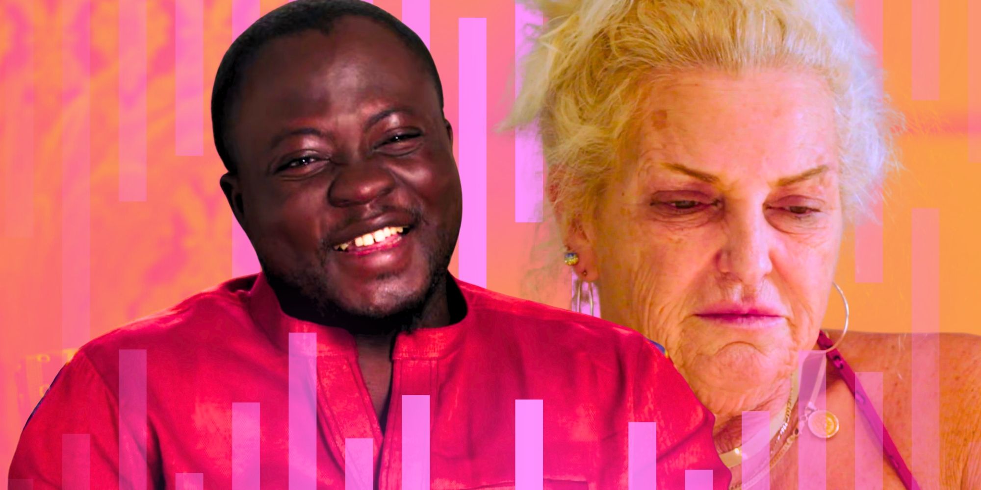 90 Day Fiancé Michael Ilesanmi in red shirt laughing with Angela Deem looking old and messy behing him