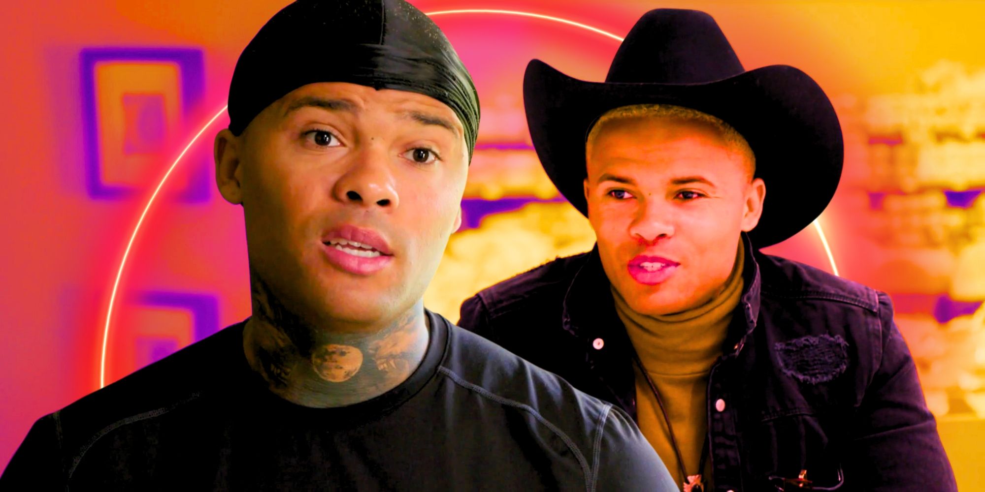90 day fiance star Jibri Bell in montage with him in t shirt and in cowboy hat with pink and yellow background