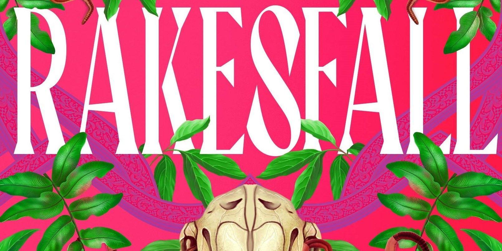 Rakesfall cover featuring a pink background, leaves, and the top of an animal skull