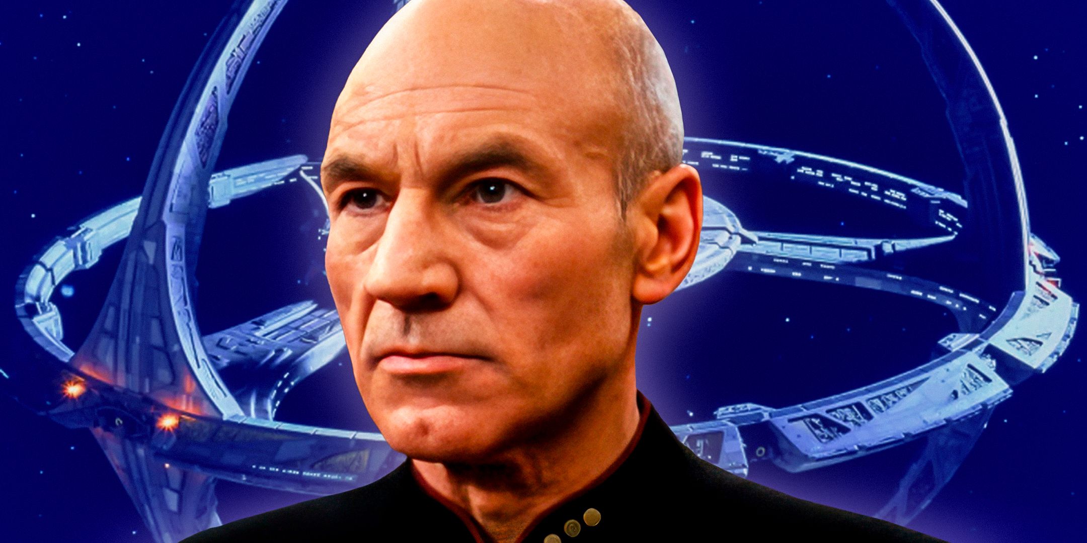Captain Jean-Luc Picard looking series in front of Star Trek's Deep Space Nine space station.