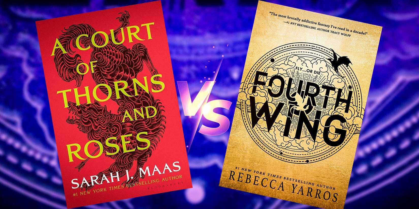 A collage of the book covers for A Court of Thorns and Roses & Fourth Wing on a purple background