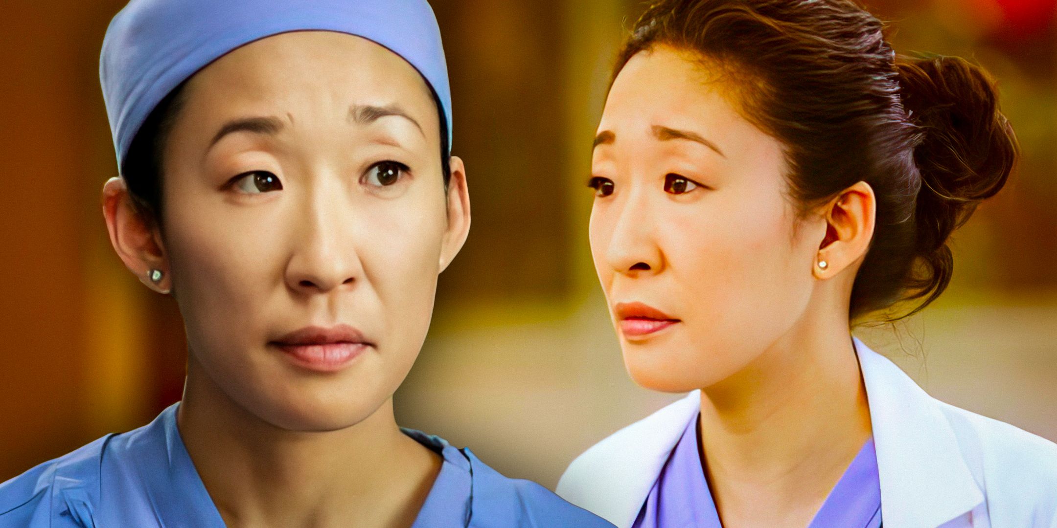 Cristina Yang (Sandra Oh) looking serious and concerned in Grey's Anatomy with blurred background
