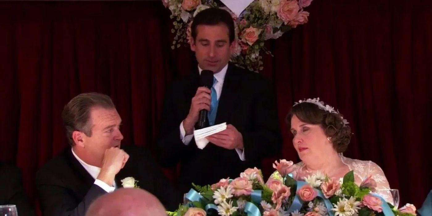 Michael (Steve Carell) giving a speech at Phyllis (Phylis Smith) and Bob's (Robert Shafer) wedding in The Office