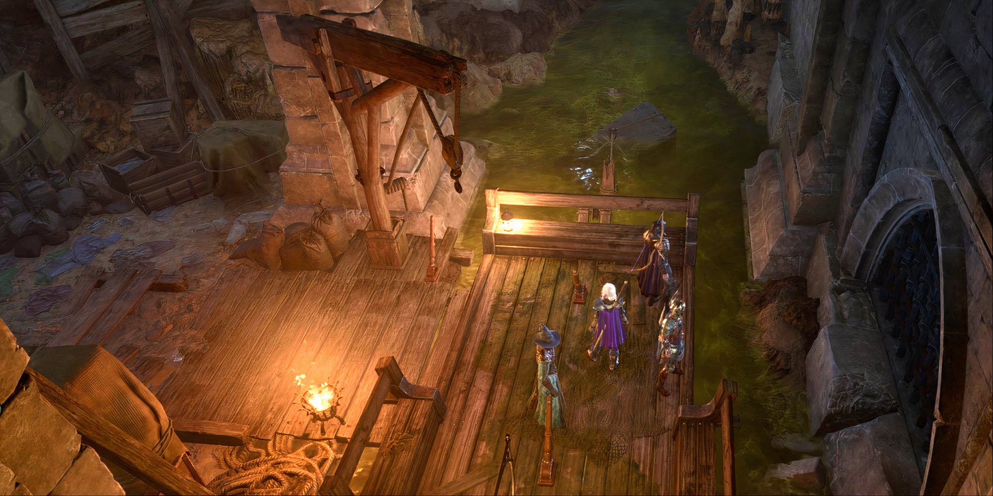 A Baldur's Gate 3 party standing on a dock near the green-stained water of the Lower City Sewers.