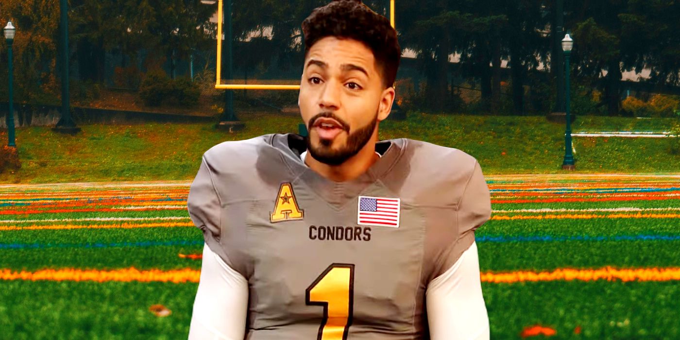 A Character from All American Season 6 in Front of a Football Field Background