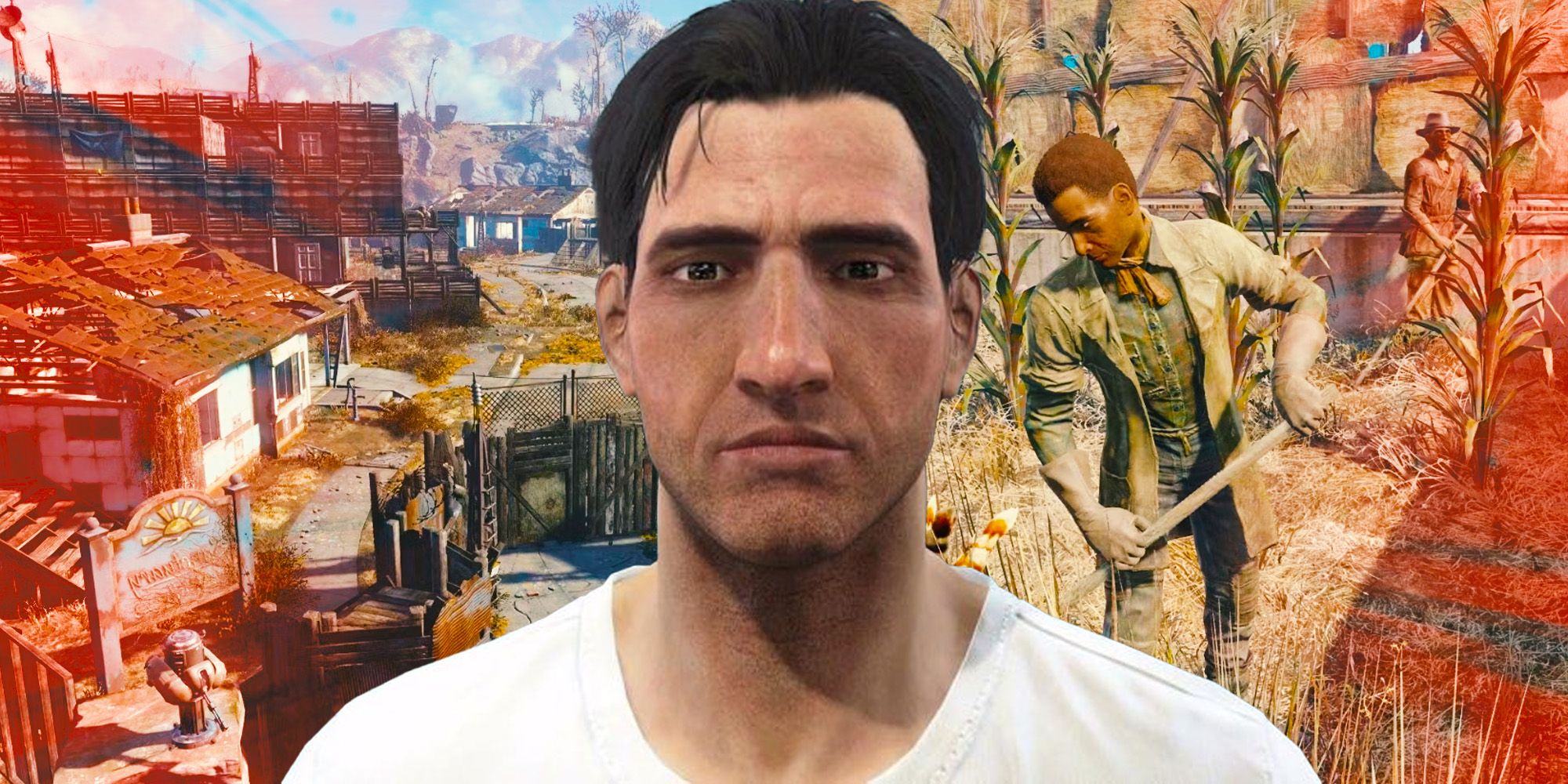 A character from Fallout 4 with a settlement in the background