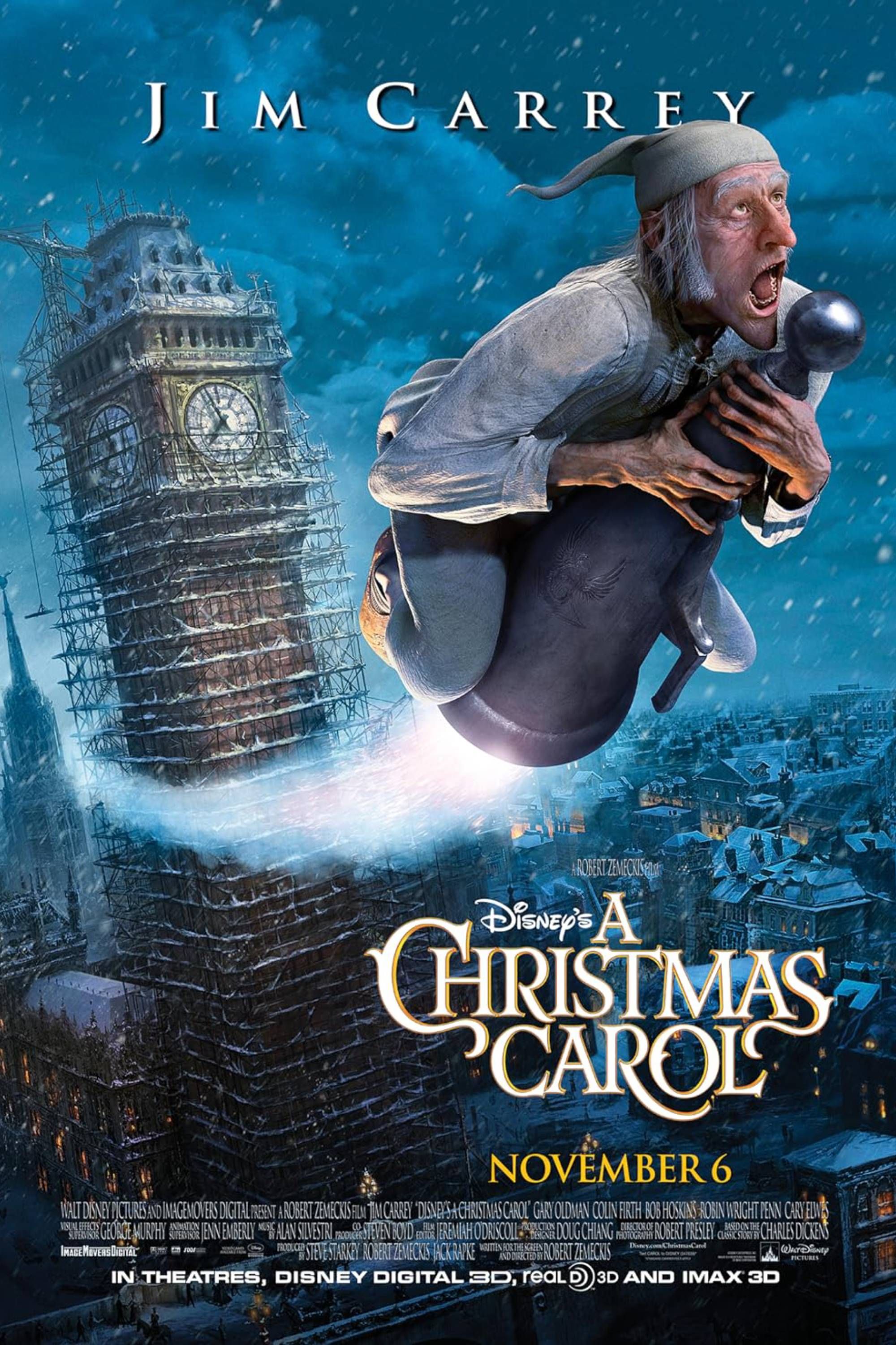 A Christmas Carol (2009) - Poster - Jim Carrey as an old man flying