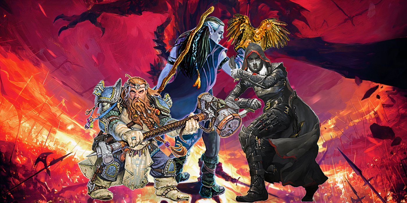Um clérigo, um druida e um ladino estão diante de um dragão cuspidor de fogo em uma colagem de arte oficial de Dungeons & Dragons.