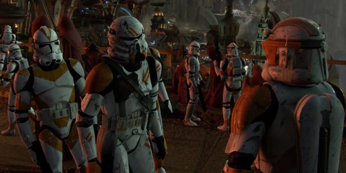 A Clone Paratrooper speaks to Commander Cody with standard Clone Troopers in the background on Utapau in Star Wars Revenge of the Sith.