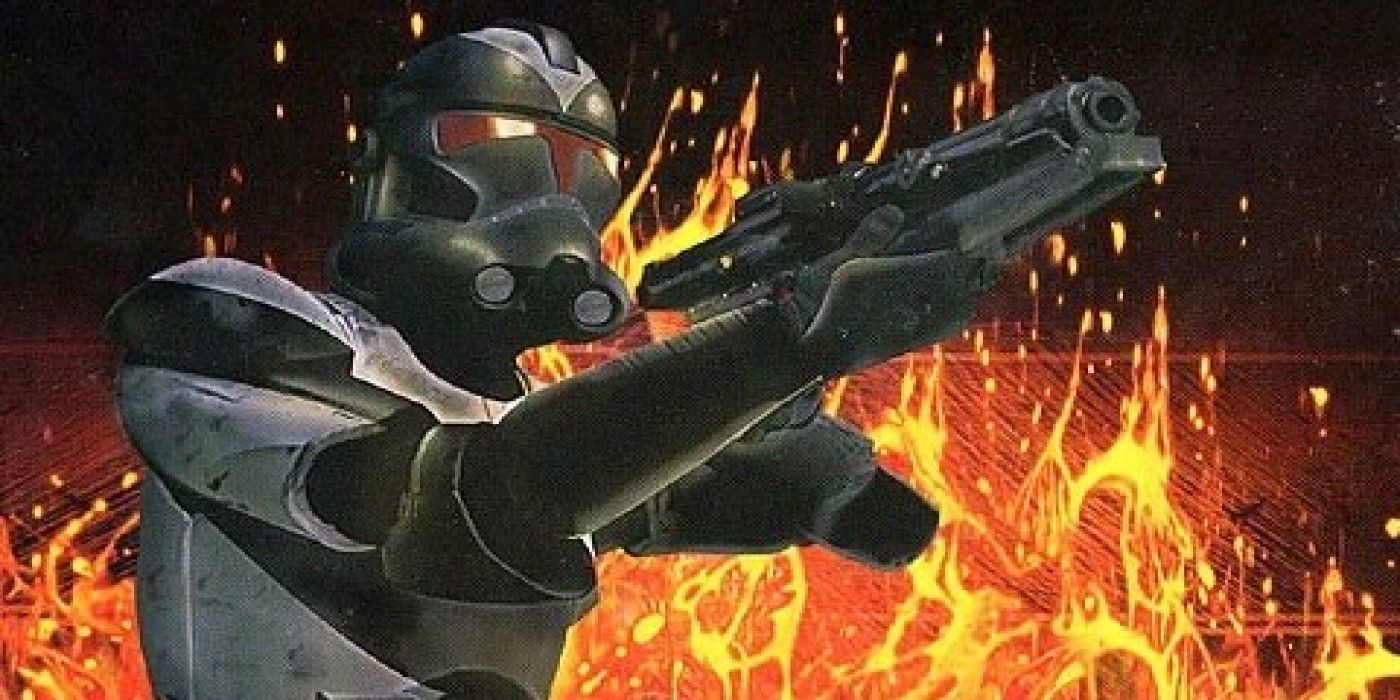 A Clone Shadow Trooper aims his blaster with lava in the background in Star Wars Legends.