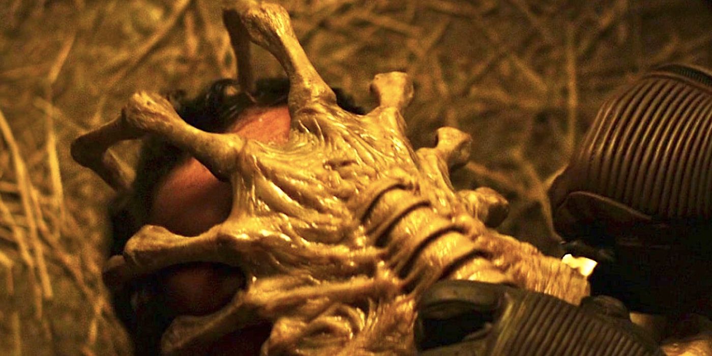A facehugger on a man's face in Alien Vs Predator: Requiem