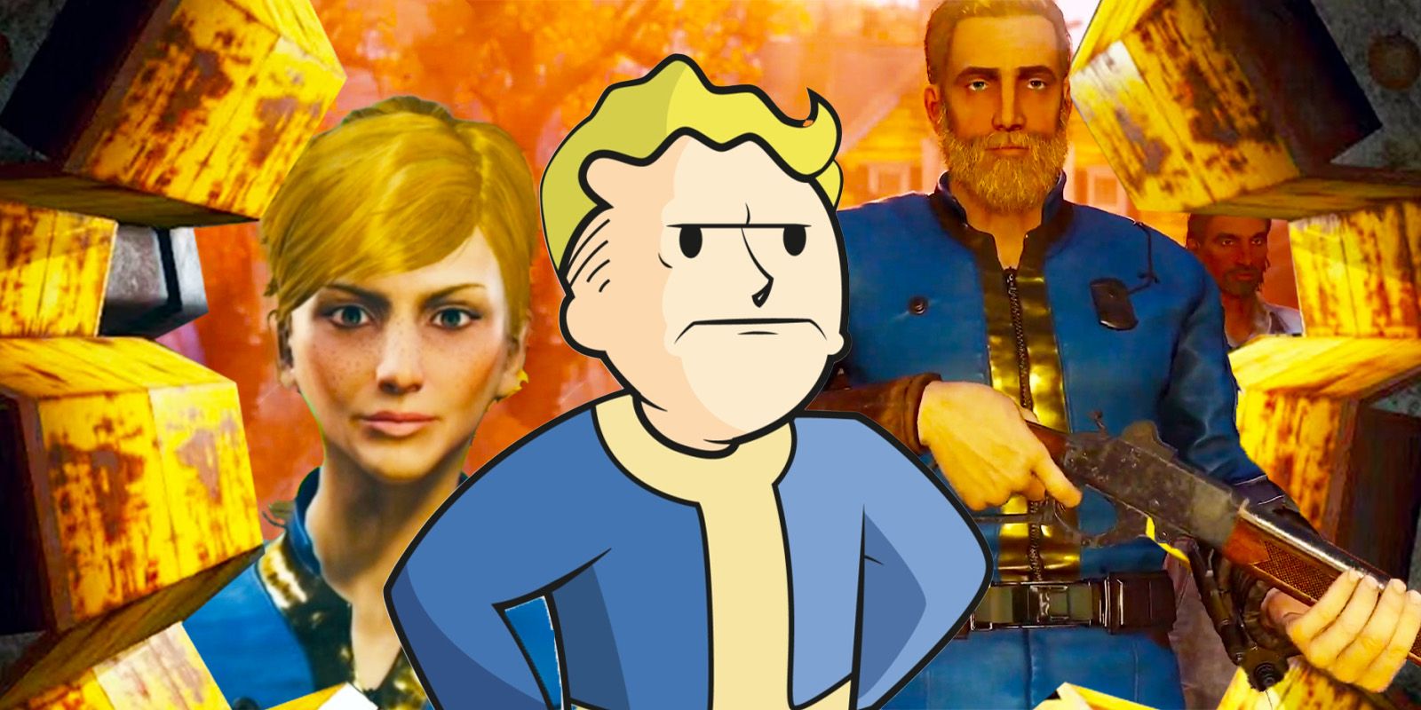 A few Vault Dwellers from Fallout 76, with Vault Boy looking mad.