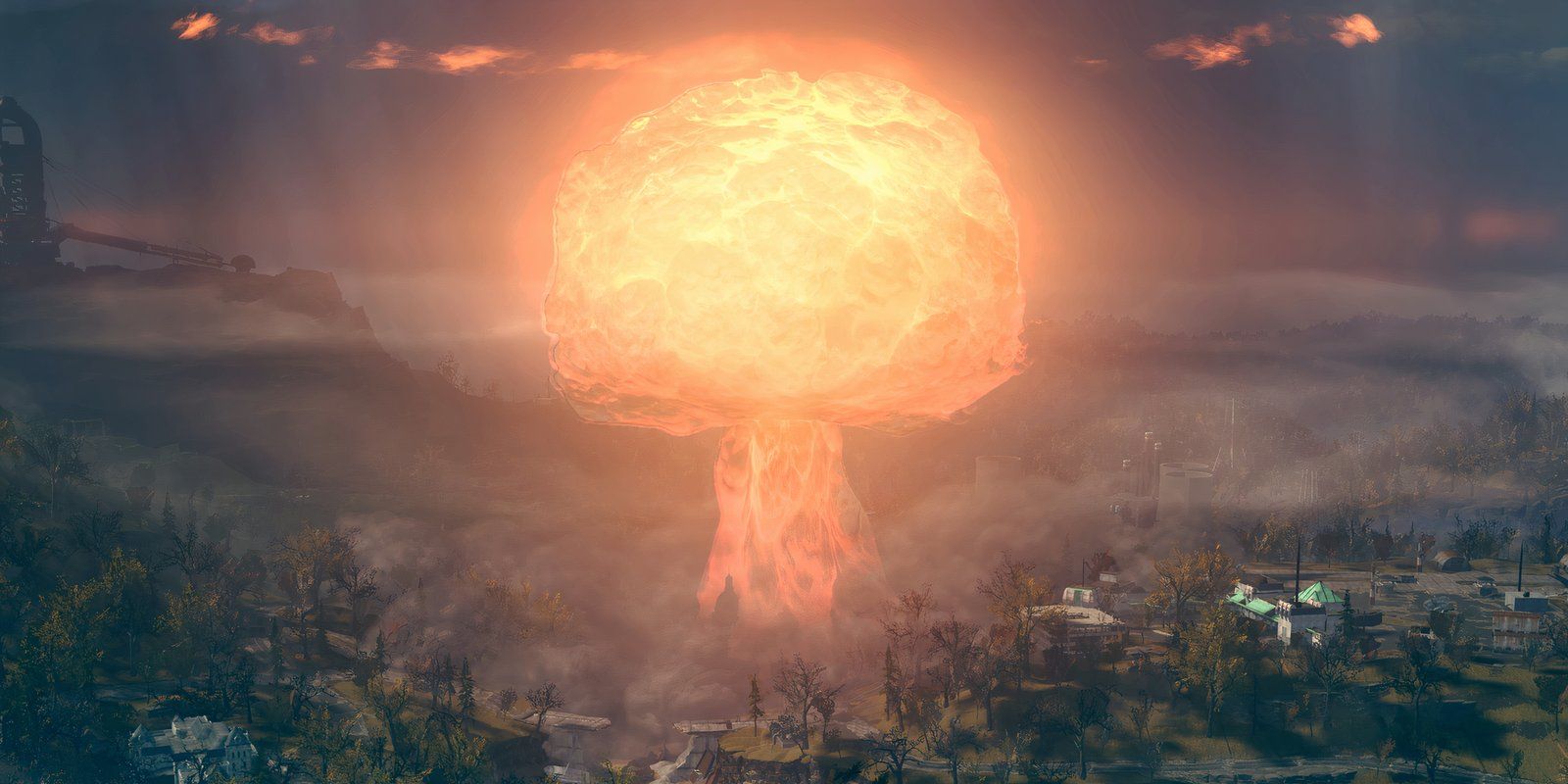 Uma nuvem de cogumelo de fogo paira sobre uma pequena cidade em uma captura de tela do Fallout 76.