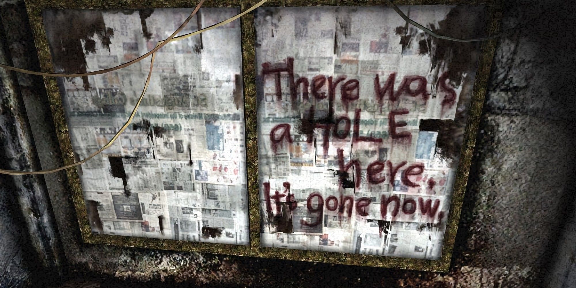 An image of the window in Neely's Bar, Silent Hill 2. Newspaper blocks the window. In red, someone has written: 