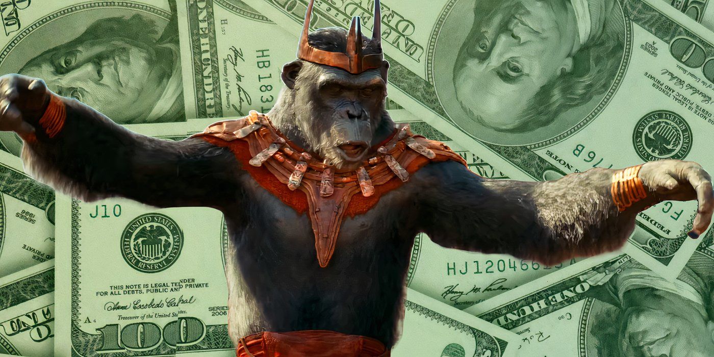 A Kingdom of the Planet of the Apes Ape in Front of Hundred Dollar Bills