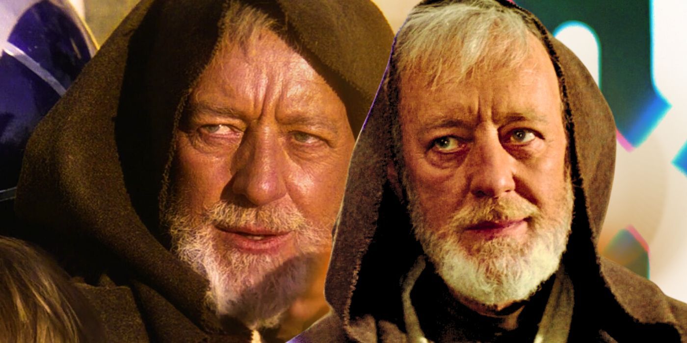 Alec Guinness as Obi-Wan Kenobi in A New Hope using the Jedi mind trick to the left and looking up under his hood to the right