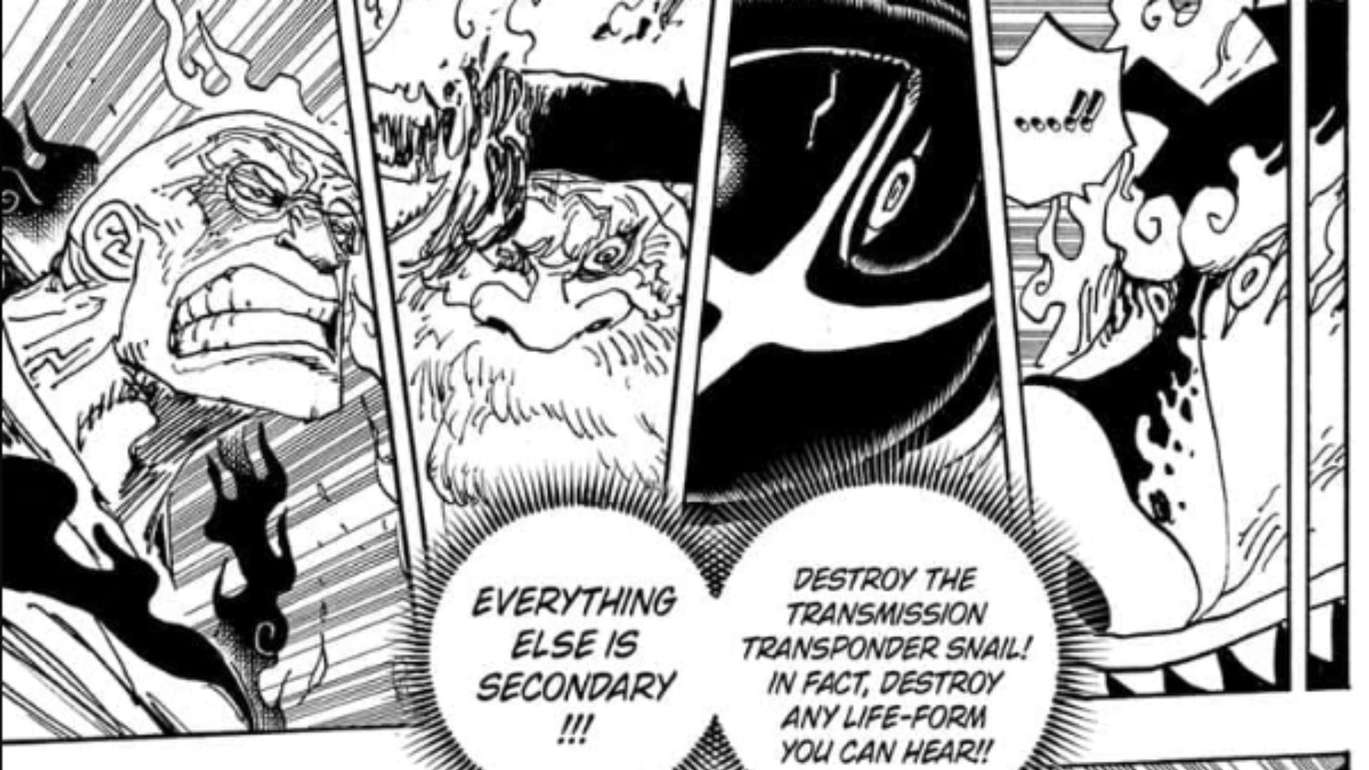 A panel from One Piece chapter #1114 Vegapunk showcaing the Five Elders