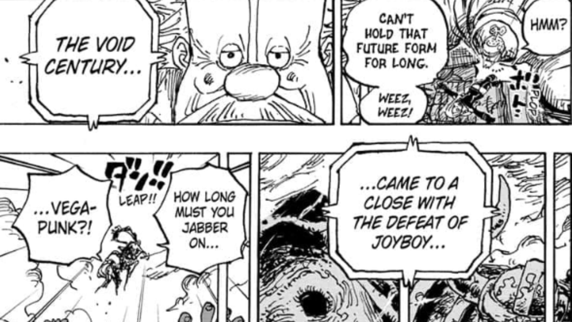 A panel from One Piece Chapter #1115 feature Vegapunk exclaming that the void century came to end Joyboy's defeat.