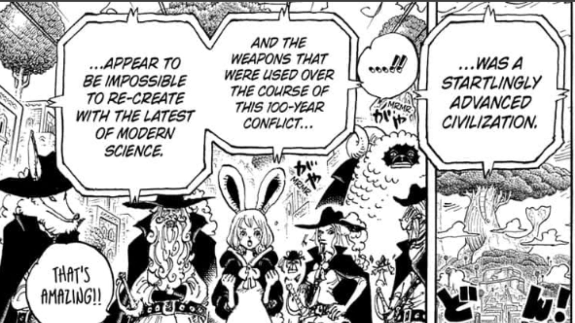 A panel from One Piece Chapter #1115 features Vegapunk admitting the advanced weapons that Ancient Kingdom possessed