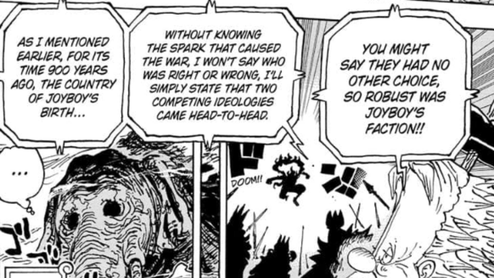 A panel from One Piece Chapter #1115 featuring Vegapunk talking about the cause of the war