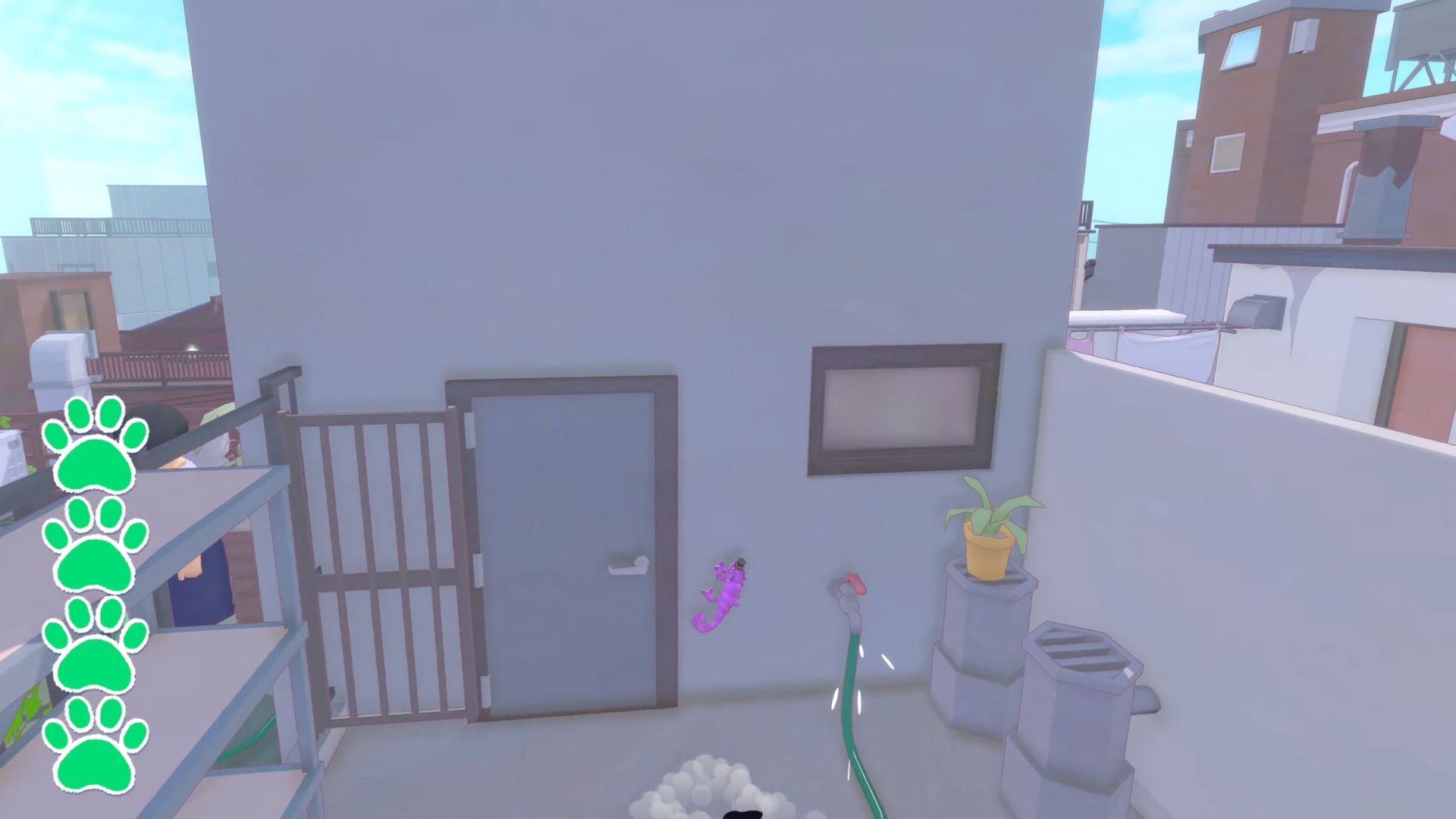 A purple chameleon on a wall in Little Kitty Big City