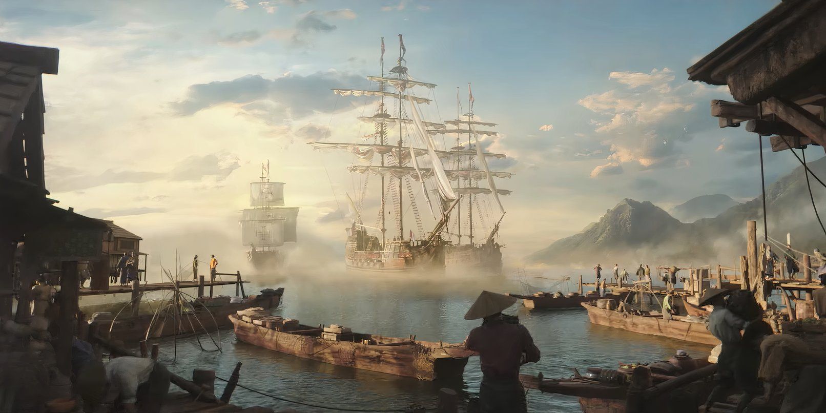 A screenshot of a busy harbor in the Assassin's Creed Shadows trailer. Three large ships pull into the docks as dockhands in straw hats unload cargo from smaller rowboats.