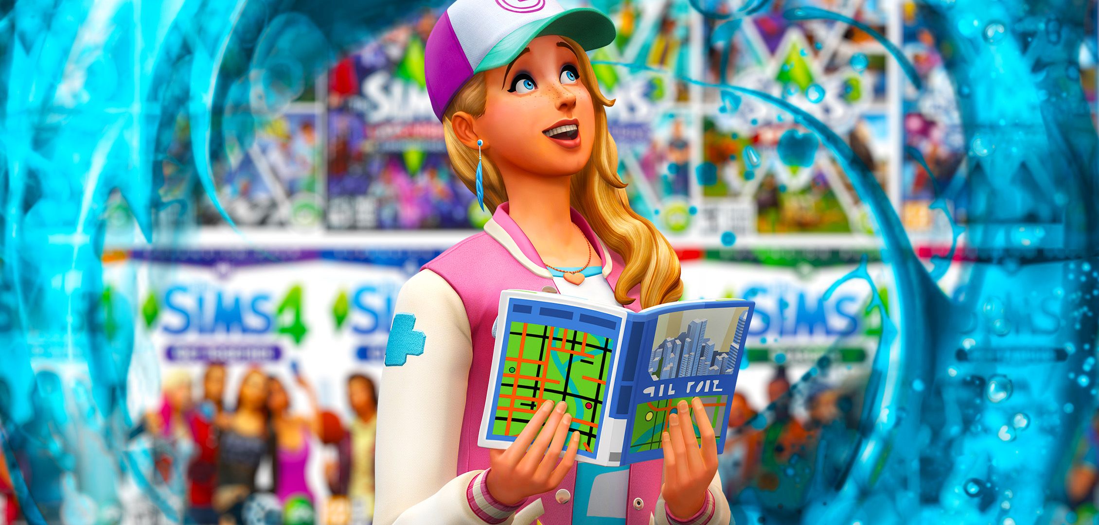A Sim in front of a background of all the Sims 4 expansions and their cover art.
