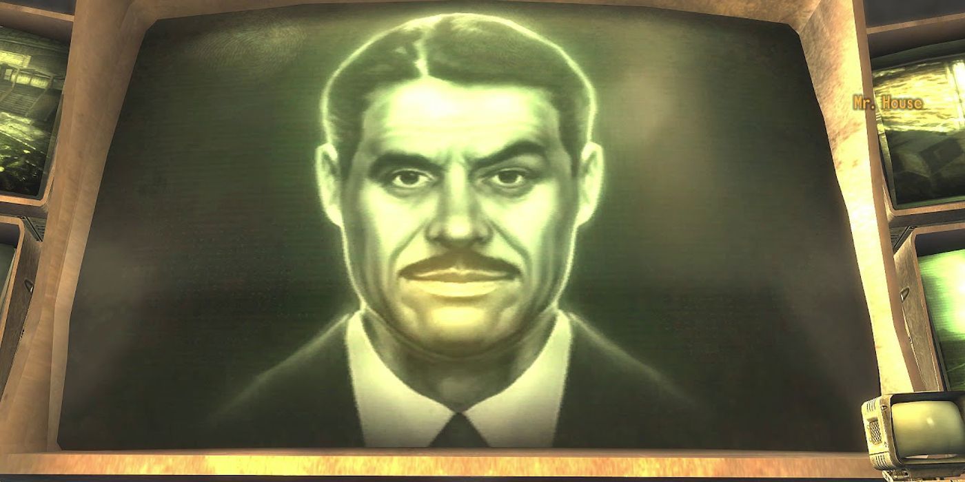 A smirking Mr. House on his TV screen in a screenshot from Fallout New Vegas.