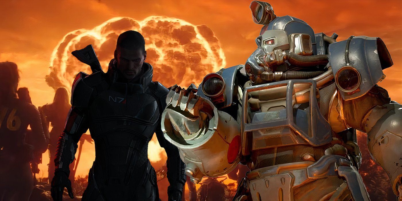 A soldier in power armor from Fallout 4 with a sillhoutte of Commander Shepard from Mass Effect walking away from a nuclear explosion in the background