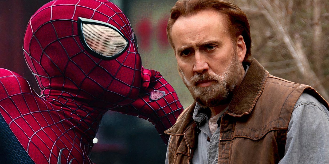 A split image of Nicolas Cage from Joe and Spider-Man in The Amazing Spider-Man 2