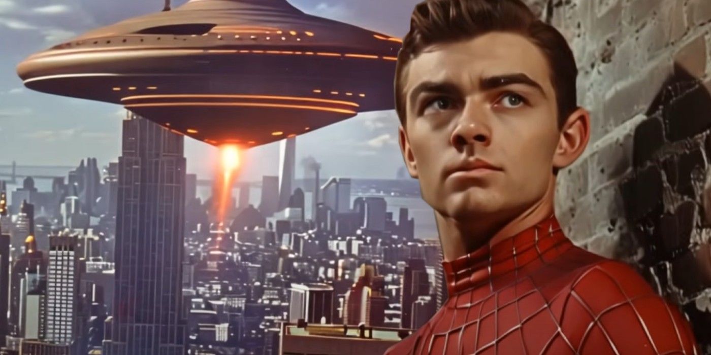 A split image of Spider-Man and a UFO attacking NYC in The Avengers Fan Trailer