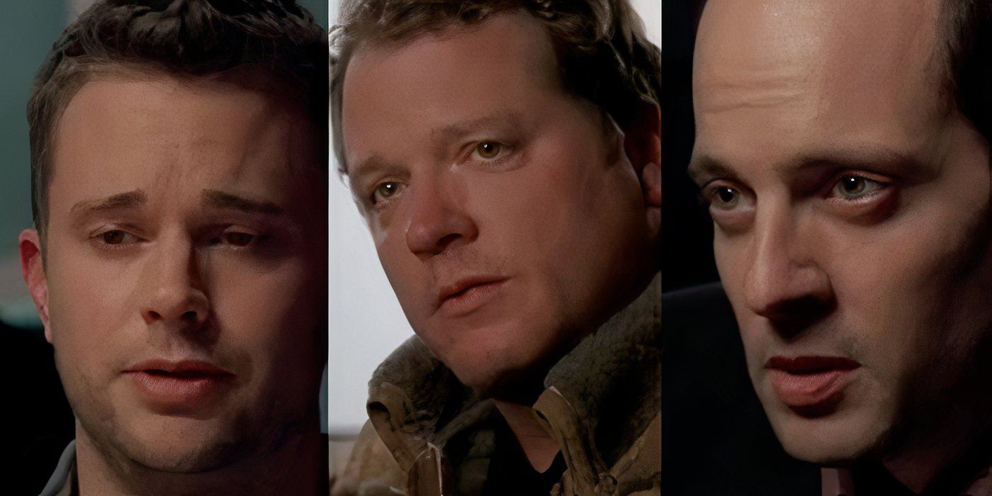 A split image of the faces of Ashton Keller, Hank Belden, and Greg Brayley in Bones
