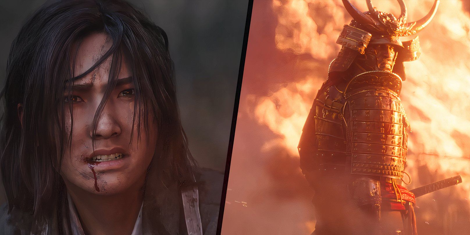 A split-screen image shows Naoe crying and gritting her teeth while a fully armoed Yasuke looks over his shoulder, surrounded by flames, in screenshots from the Assassin's Creed Shadows trailer.