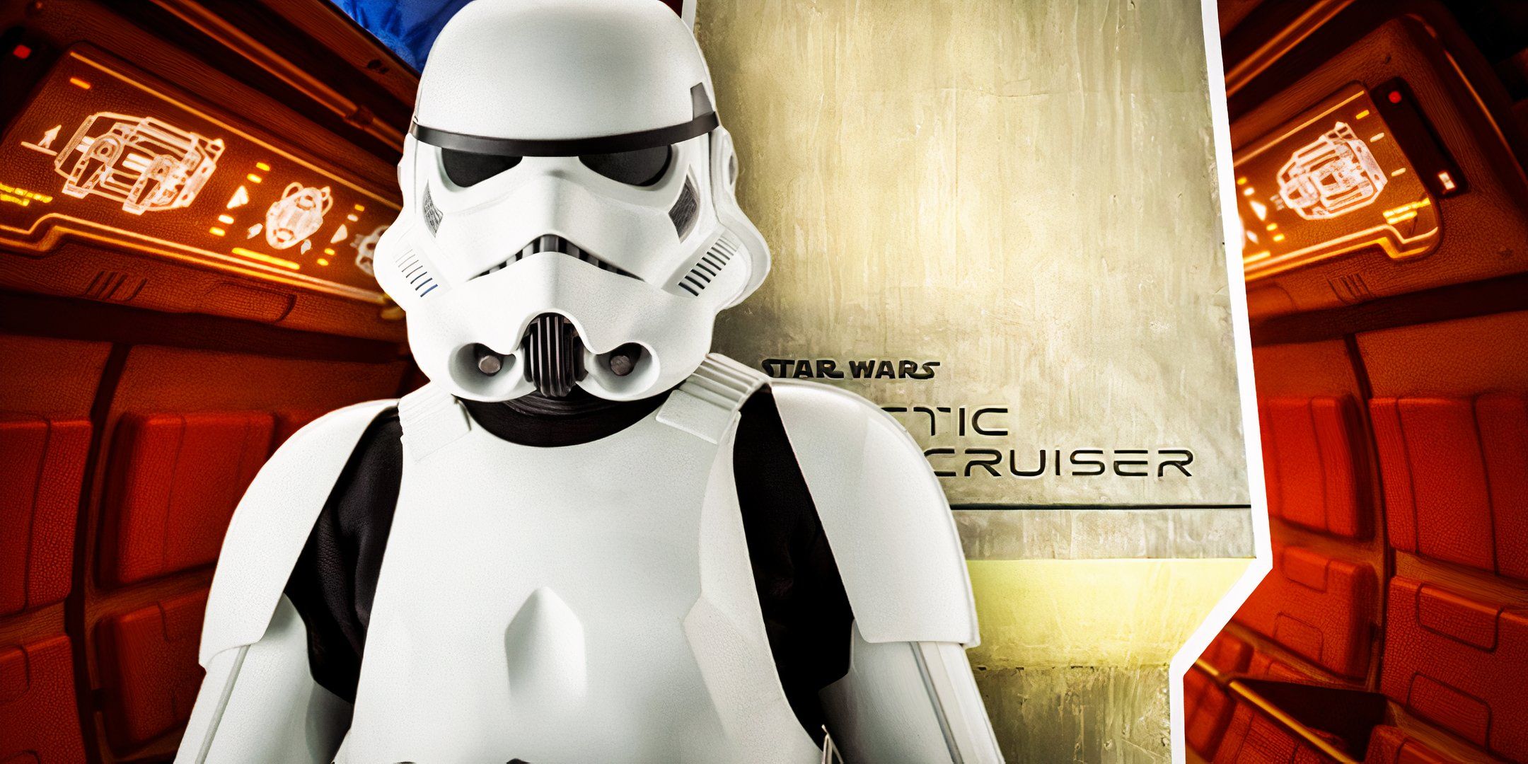 An Imperial stormtrooper edited over the Star Wars: Galactic Starcruiser sign and the launch pod interior