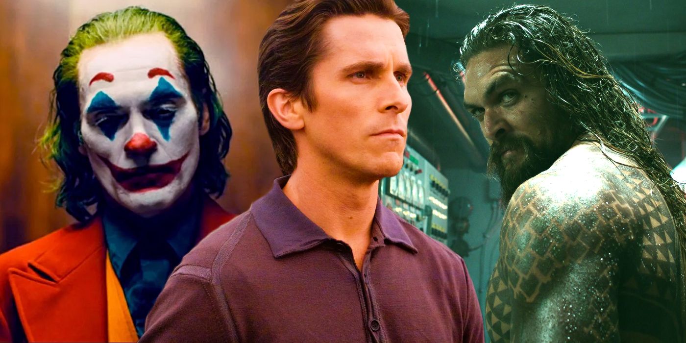 Split image of Joaquin Phoenix as Arthur Fleck in Joker, Christian Bale as Bruce Wayne in The Dark Knight, and Jason Momoa as Arthur Curry in Aquaman