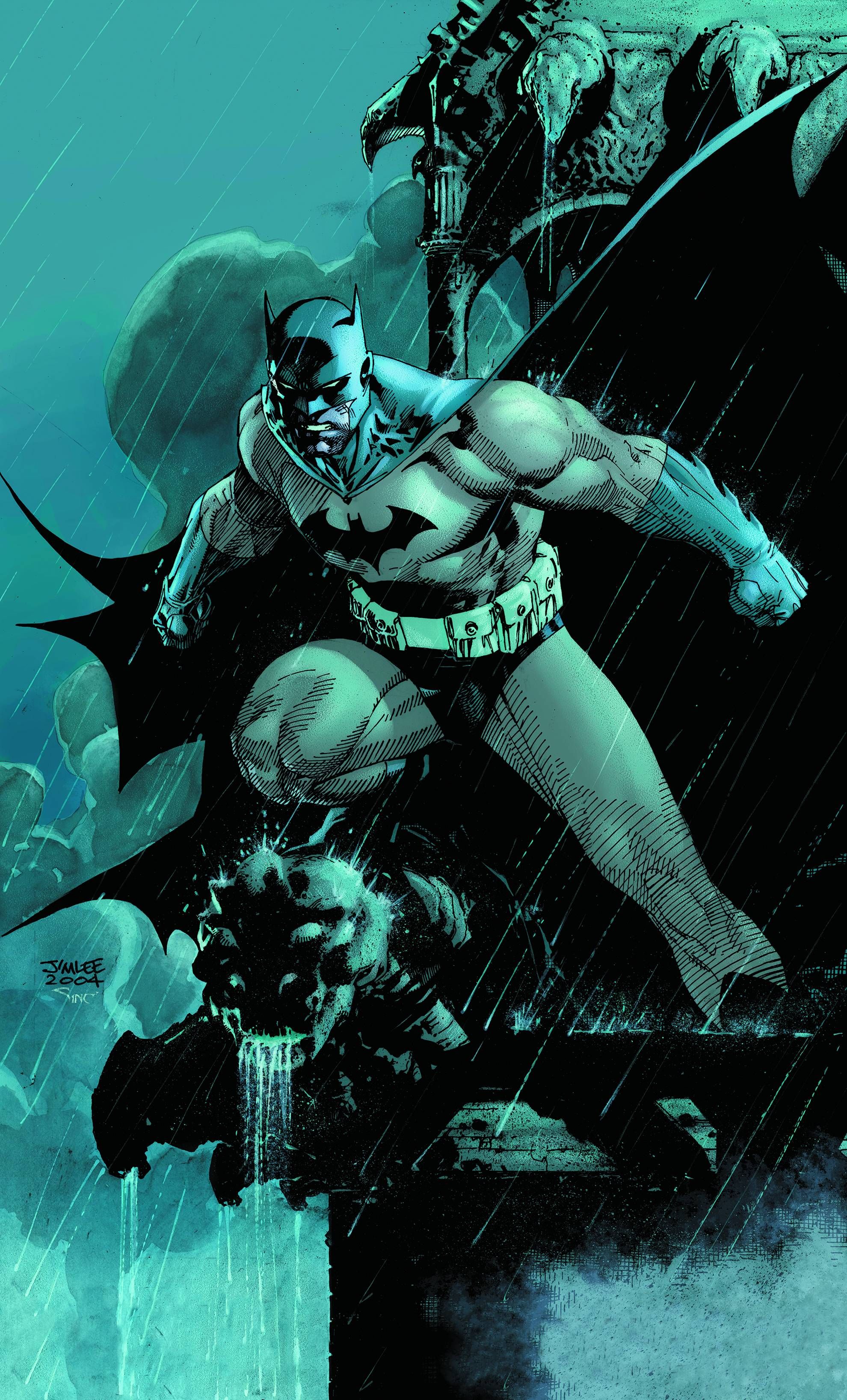 Absolute Batman Hush Jim Lee Capa: Batman em pé sobre uma gárgula.