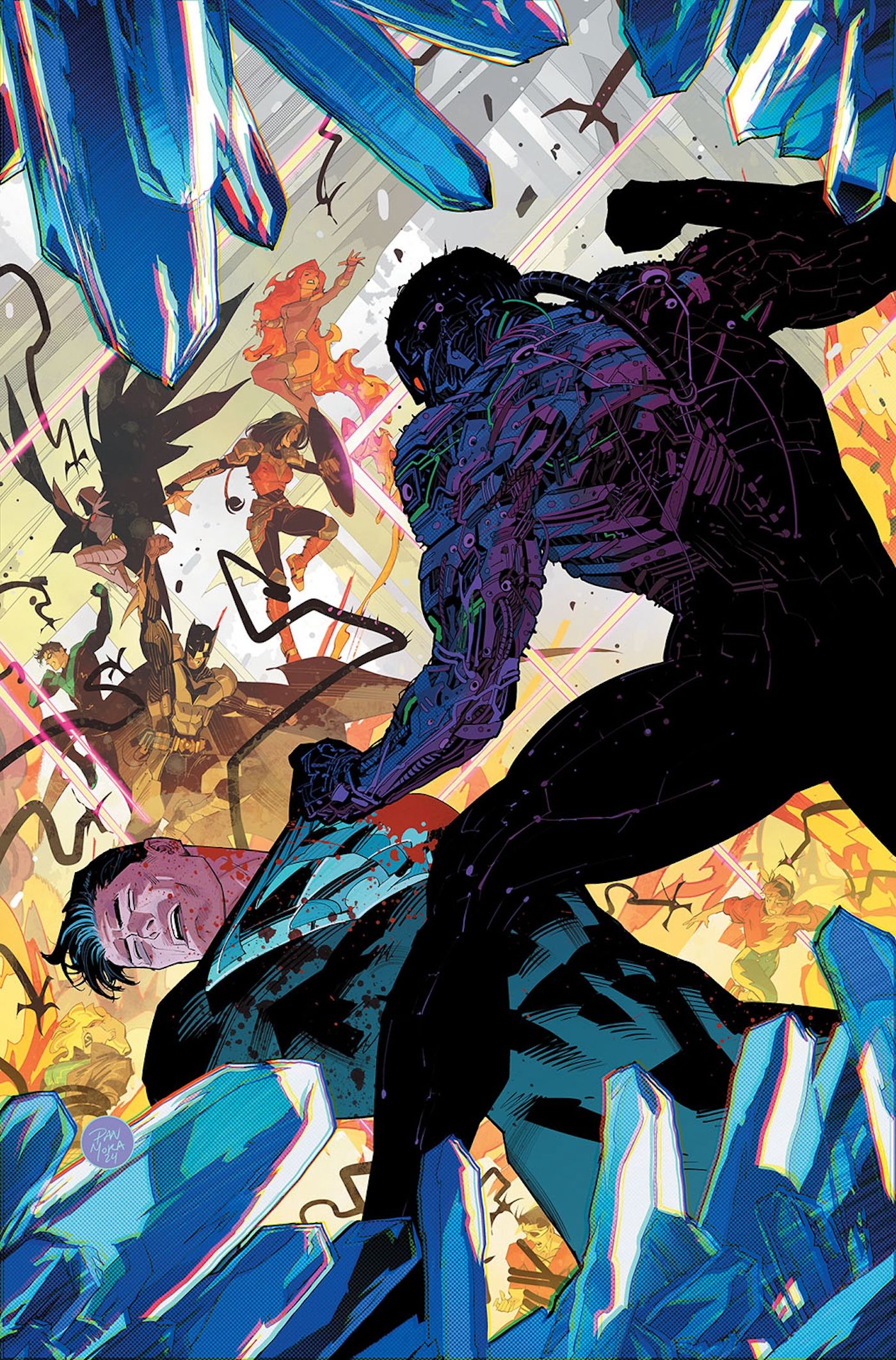 Solicitações da capa principal de Absolute Power 2: Superman sendo espancado com a Liga da Justiça ao fundo.
