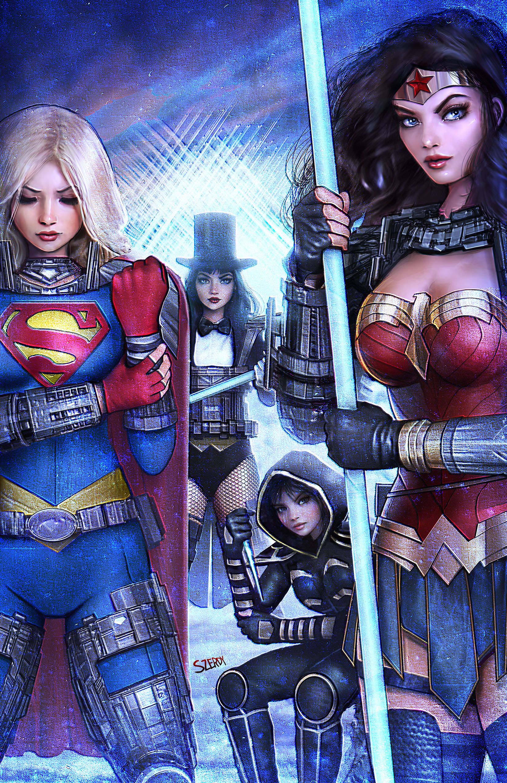 Capa variante de Absolute Power 2 Szerdy: Supergirl, Zatanna, Cassandra Cain e Mulher Maravilha em novas armaduras.