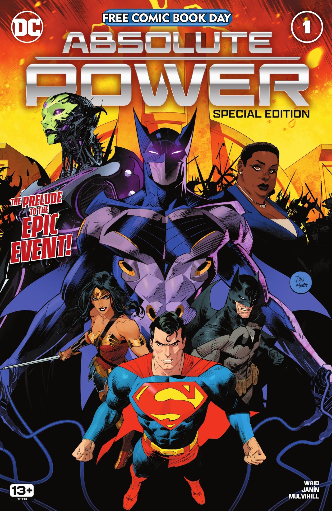 Trinity Superman da DC, Batman, Mulher Maravilha; "trindade do mal" de Brainiac, Waller, Zurr-En-Arrh pairam sobre eles.