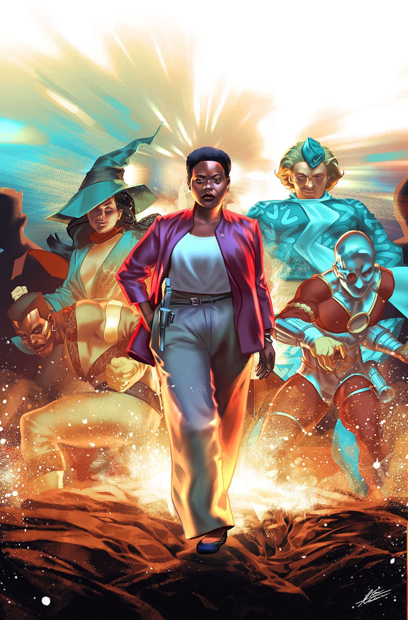 Absolute Power Origins 2 Manhanini Variant Cover: Amanda Waller walking forward with the Suicide Squad behind her.