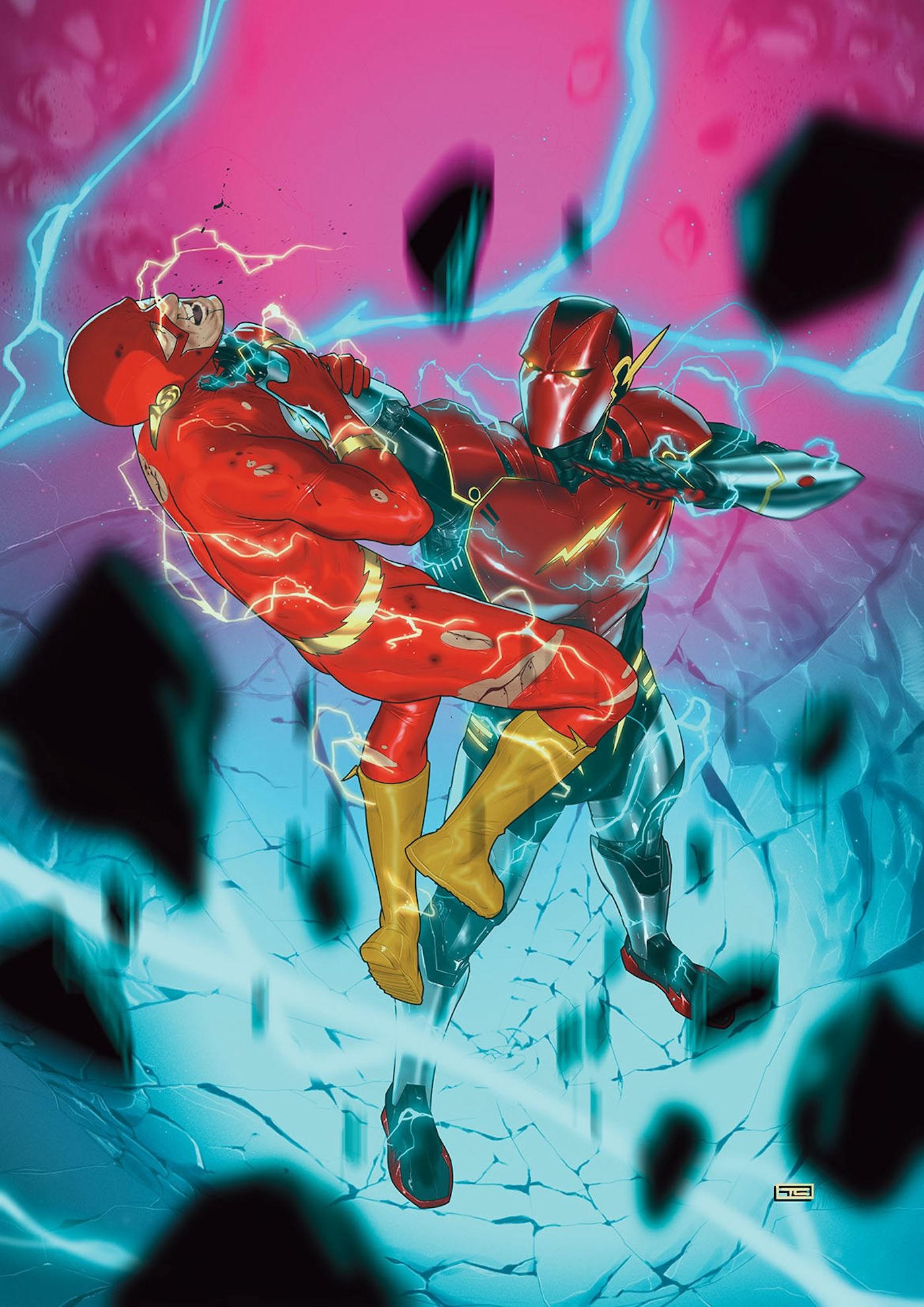 Absolute Power Task Forces VII #5 Clarke Variant Cover: the Amazo Velocity grips Flash Barry Allen by the throat.