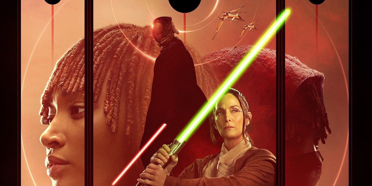 Cropped image of the poster for The Acolyte featuring Amandla Stenberg's Mae, an unnamed Sith Lord holding a red lightsaber, and Carrie-Anne Moss' Master Indara holding a green lightsaber in front of Jedi Vectors flying in the background
