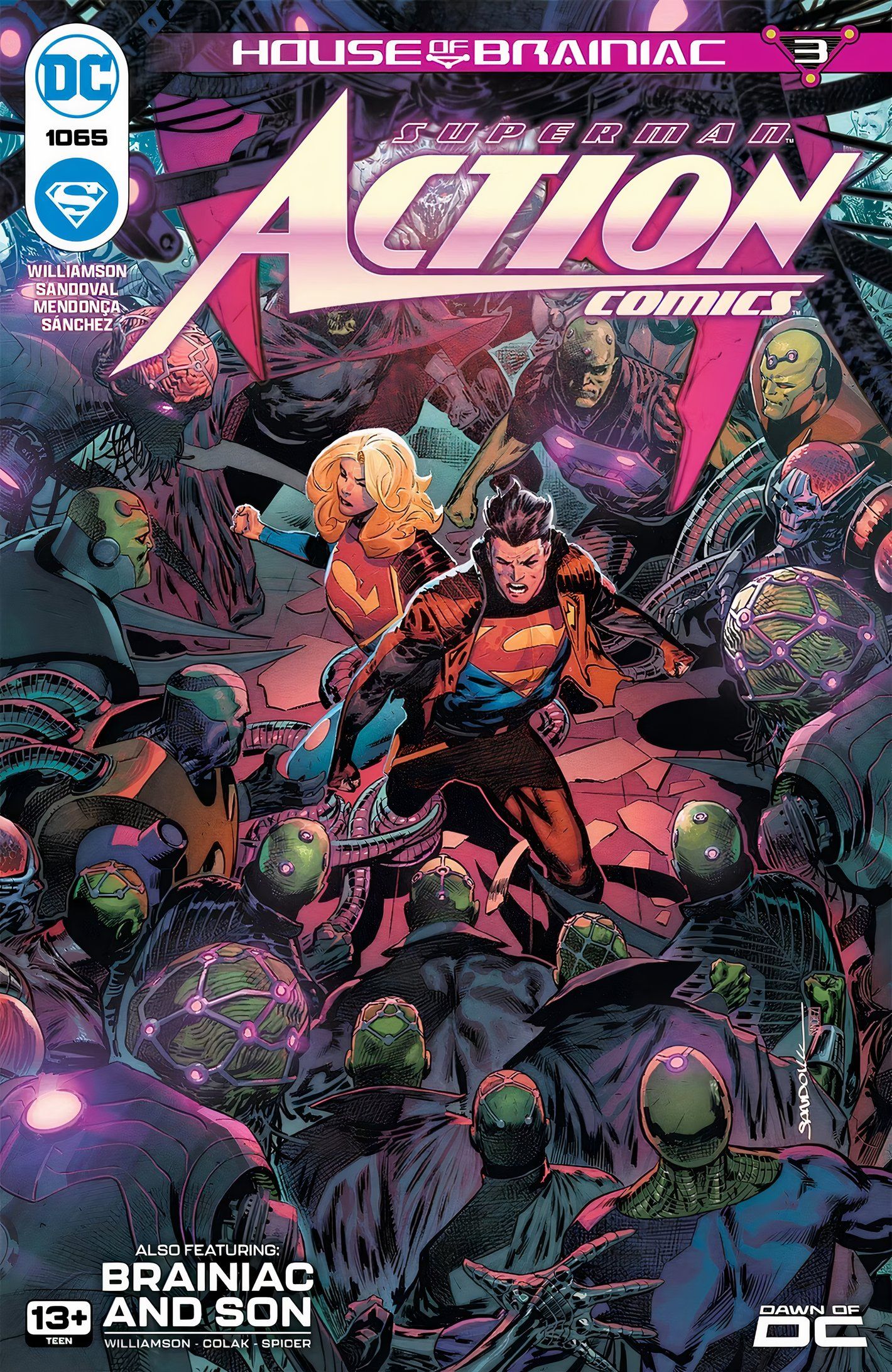 Capa da Action Comics #1065, Supergirl e Superboy cercados pelas forças de Brainiac, aproximando-se deles.