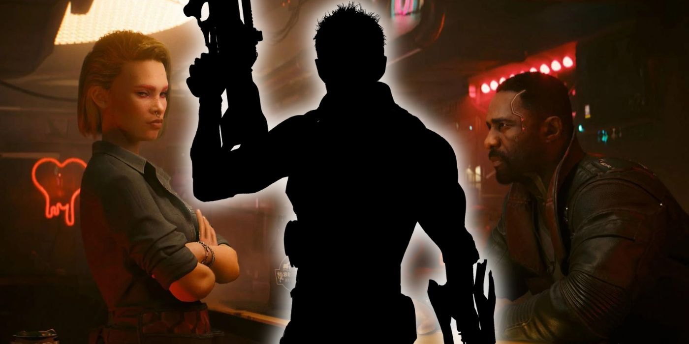 A shadow Deus Ex protagonist Adam Jensen alongside two characters from Cyberpunk 2077